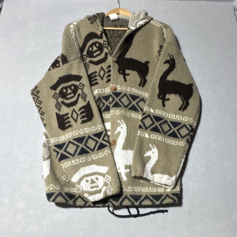 Mindalas Wool Hooded Cardigan Sweater Button Front Graphic Print Brown Beige